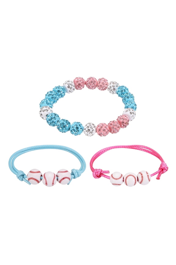 Baseball Necklace Set, 16"/18" Bling Rhinestone Beaded Chain Bracelet Necklace with 2 Baseball Strings for Men Women Sports Jewelry Gift Team Lovers, Pink-Blue, Pack of 4