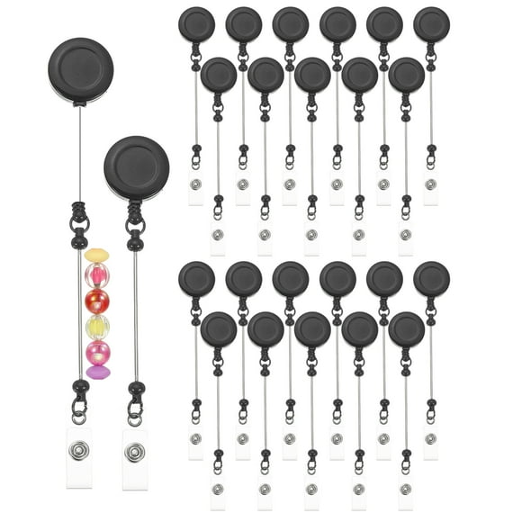 Uxcell Beadable Badge Reels, 24 Pcs Beaded Retractable Clips Holder Badge Reel Bulk Keychain Bar with Belt Clip, Black