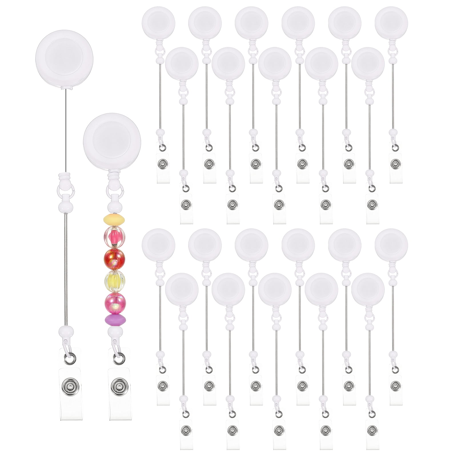 Uxcell Beadable Badge Reels, 24 Pcs Beaded Retractable Clips Holder Badge Reel Bulk Keychain Bar with Belt Clip, White