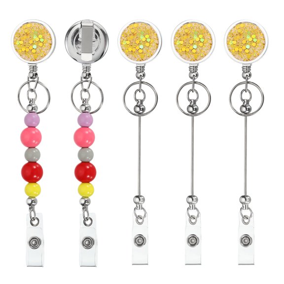 Uxcell Beadable Badge Reels, 5 Pcs Bead Retractable Badge Holder Reel Keychain Blank Bar with Belt Clip for ID Name Key Teachers Office Workers DIY, Gold