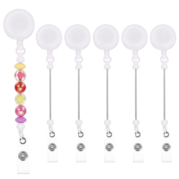 Uxcell Beadable Badge Reels, 6 Pcs Beaded Retractable Clips Holder Badge Reel Bulk Keychain Bar with Belt Clip, White