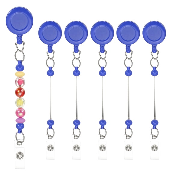 Uxcell Beadable Badge Reels, 6 Pcs Beaded Retractable Clips Holder Long Keychain Blank Bar for ID Name Badge DIY, Blue