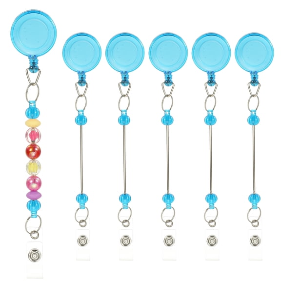 Uxcell Beadable Badge Reels, 6 Pcs Beaded Retractable Clips Holder Long Keychain Blank Bar for ID Name Badge DIY, Clear Blue