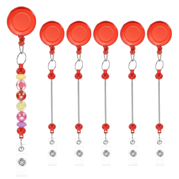 Uxcell Beadable Badge Reels, 6 Pcs Beaded Retractable Clips Holder Long Keychain Blank Bar for ID Name Badge DIY, Clear Red