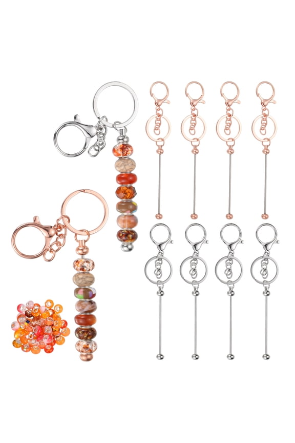 Beadable Keychains Set, Cute Bead Keychains Blank Bar Bulk Kit with 50pcs Brown Beadable for DIY Crafts Key Chain Making Charms Pendant Jewelry Gift-10Pcs(Silver/Rose Gold)