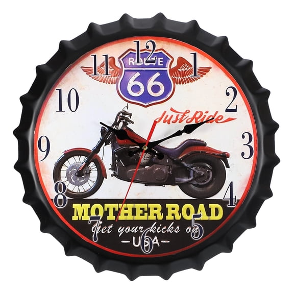Uxcell Beer Cap Wall Clock 14 Inch, Retro Industrial Silent Non-Ticking Metal Clock for Man Bar Pub Garage Room Decor, 66 Motorcycle Design