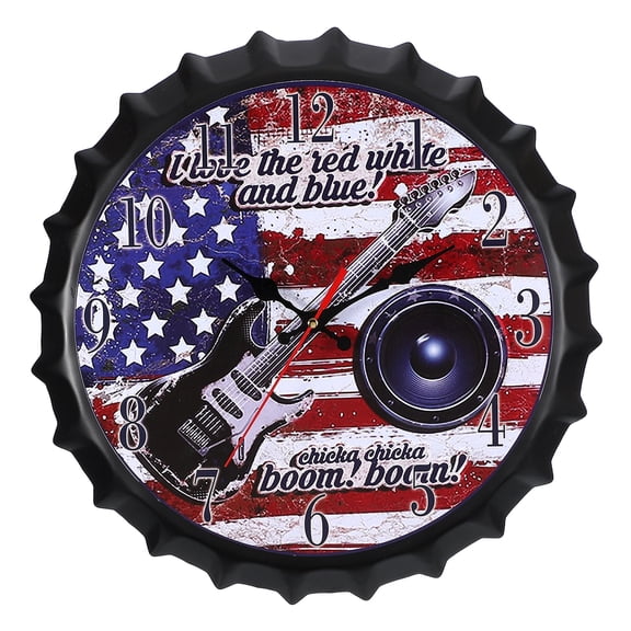 Uxcell Beer Cap Wall Clock 14 Inch, Retro Industrial Silent Non-Ticking Metal Clock for Man Bar Pub Garage Room Decor, American Flag Design
