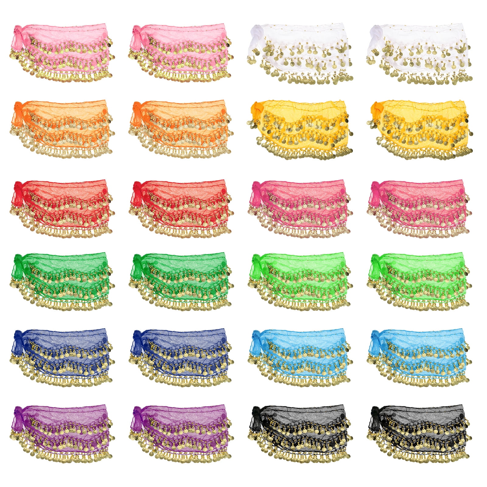 Belly Dance Hip Scarf With Coins — 10-Pack Chiffon Scarves For Yoga & Dance | 128 Golden Coins, Adjustable & Vibrant Colors