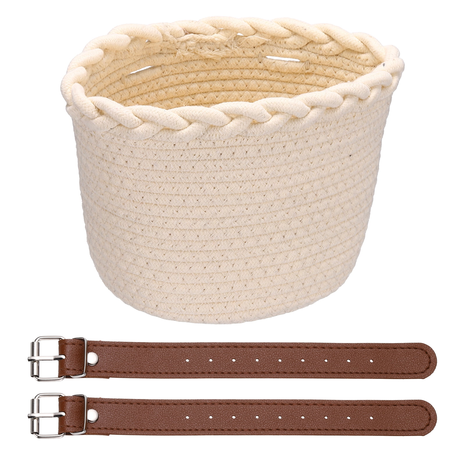 Uxcell Bike Basket, Cotton Rope Bicycle Basket Adjustable Front Baskets with 2 Leather Belt Buckles Unisex Strong Load 8.8 x 6.7 x 6.5" & Beige-Fitting For(Bikes/Tricycle/Scooters)
