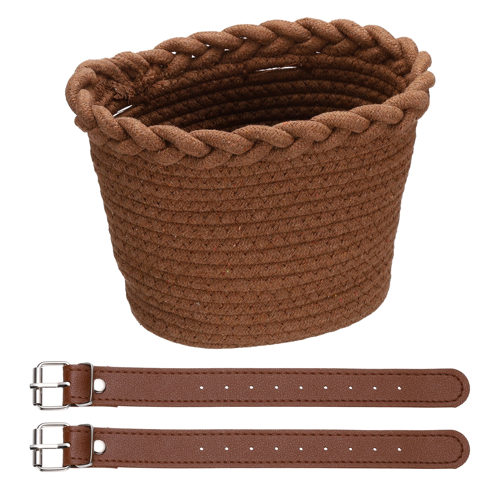 Uxcell Bike Basket, Cotton Rope Bicycle Basket Adjustable Front Baskets with 2 Leather Belt Buckles Unisex Strong Load 8.8 x 6.7 x 6.5" & Dark Brown-Fitting For(Bikes/Tricycle/Scooters)
