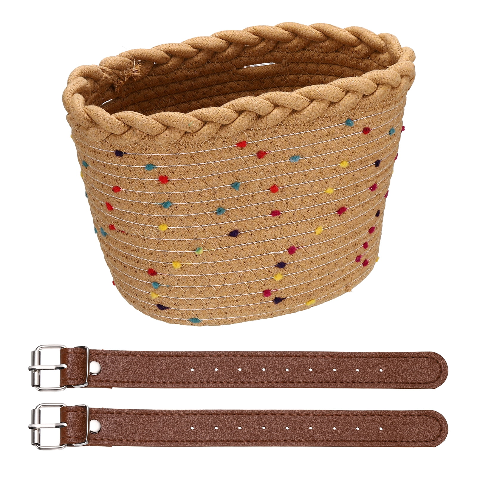 Uxcell Bike Basket, Cotton Rope Bicycle Basket Adjustable Front Baskets with 2 Leather Belt Buckles Unisex Strong Load 8.8 x 6.7 x 6.5" & Khaki-Fitting For(Bikes/Tricycle/Scooters)