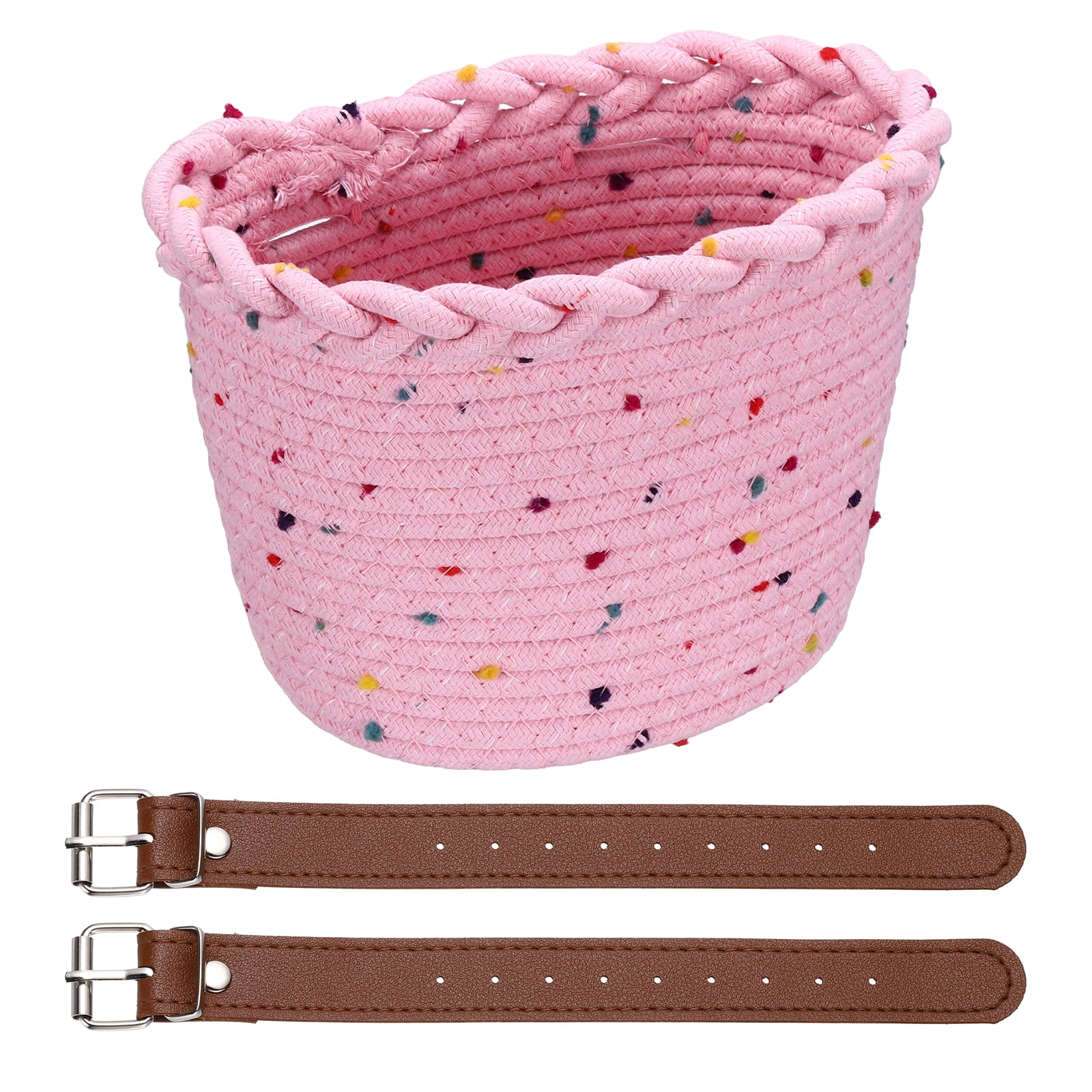 Uxcell Bike Basket, Cotton Rope Bicycle Basket Adjustable Front Baskets with 2 Leather Belt Buckles Unisex Strong Load 8.8 x 6.7 x 6.5" & Pink-Fitting For(Bikes/Tricycle/Scooters)