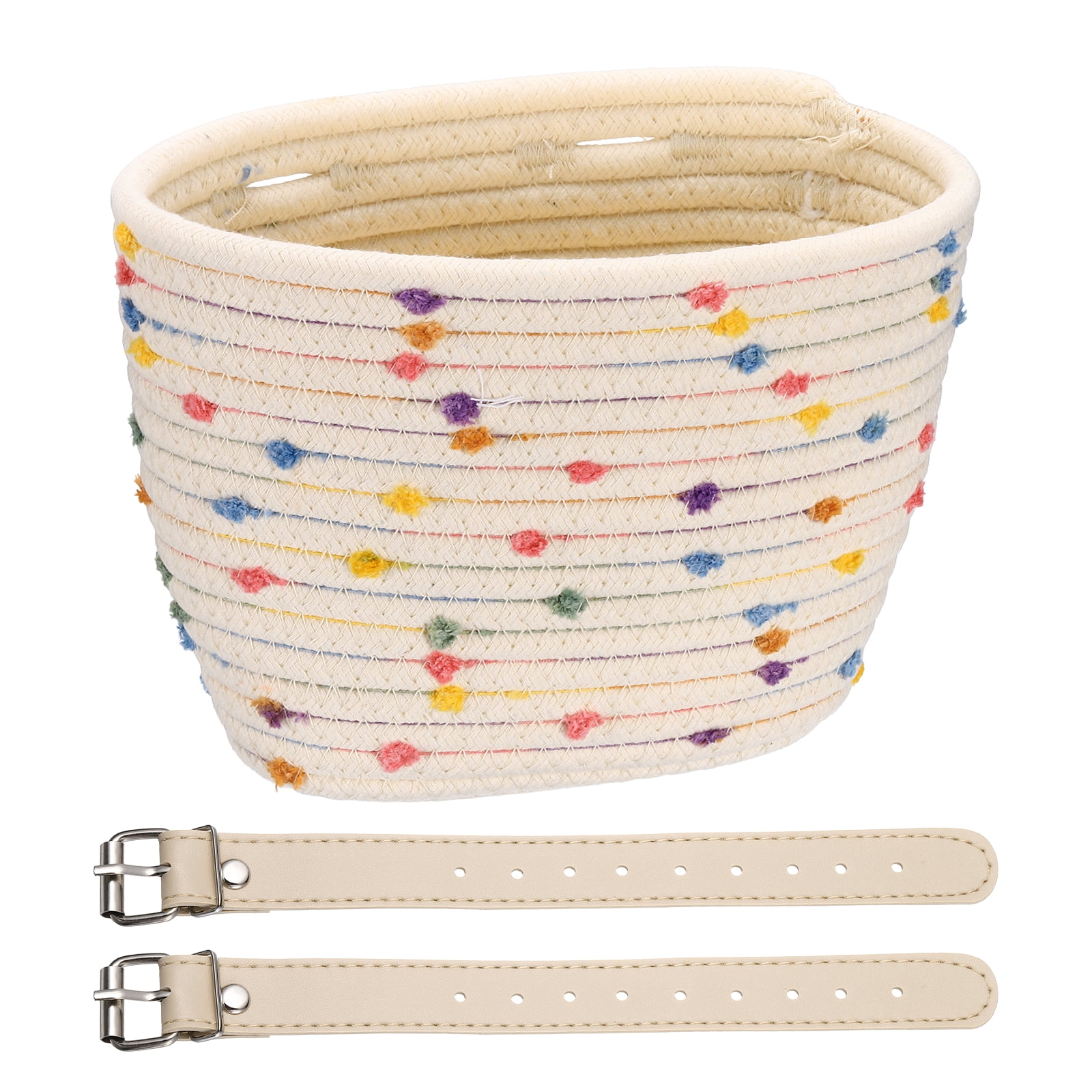 Uxcell Bike Basket, Cotton Rope Woven Colored Spots Bicycle Basket Adjustable Front Handlebar Baskets with 2 Leather Belt Buckles Beige-Fitting For(Most Bikes/Tricycle/Scooters)