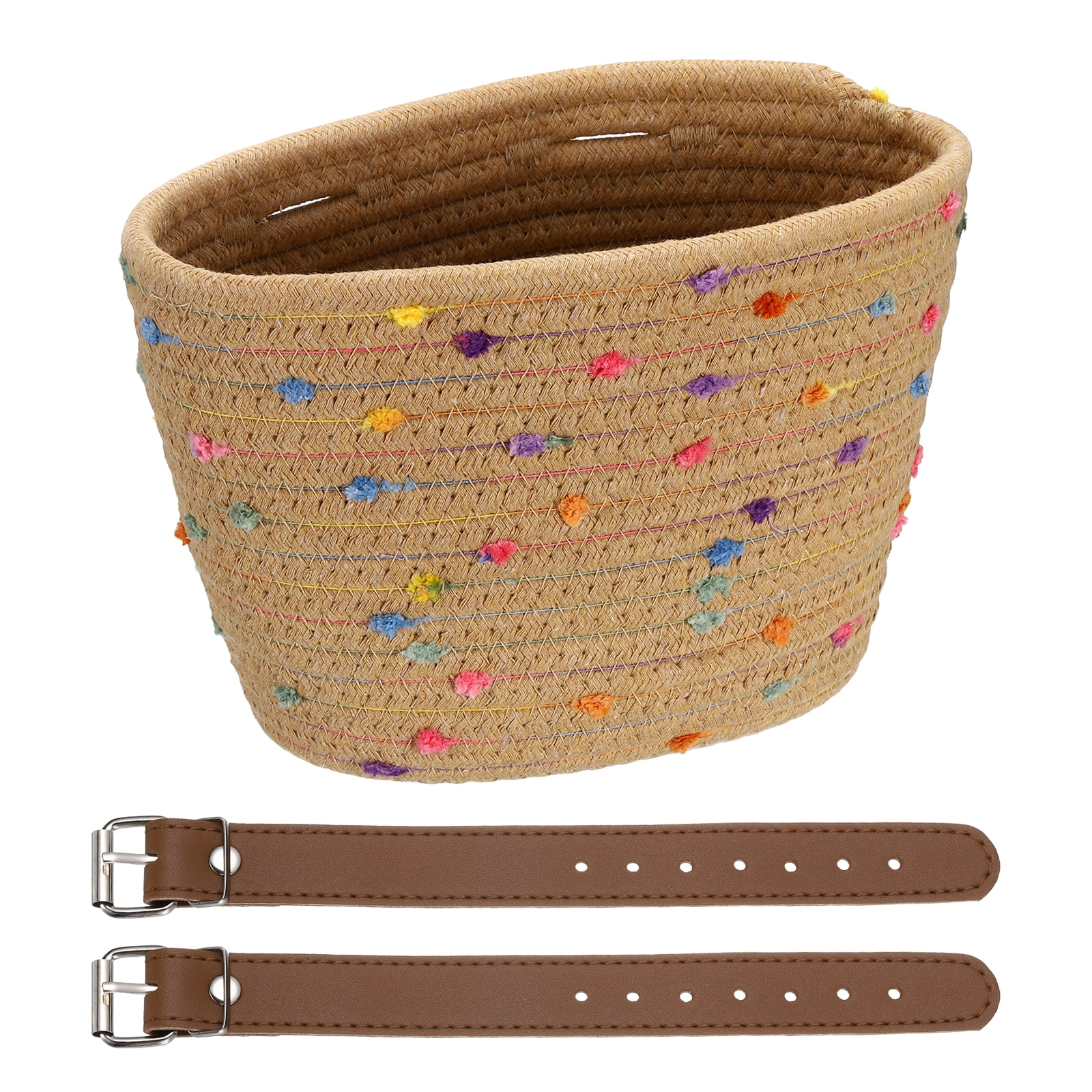 Uxcell Bike Basket, Cotton Rope Woven Colored Spots Bicycle Basket Adjustable Front Handlebar Baskets with 2 Leather Belt Buckles Khaki-Fitting For(Most Bikes/Tricycle/Scooters)