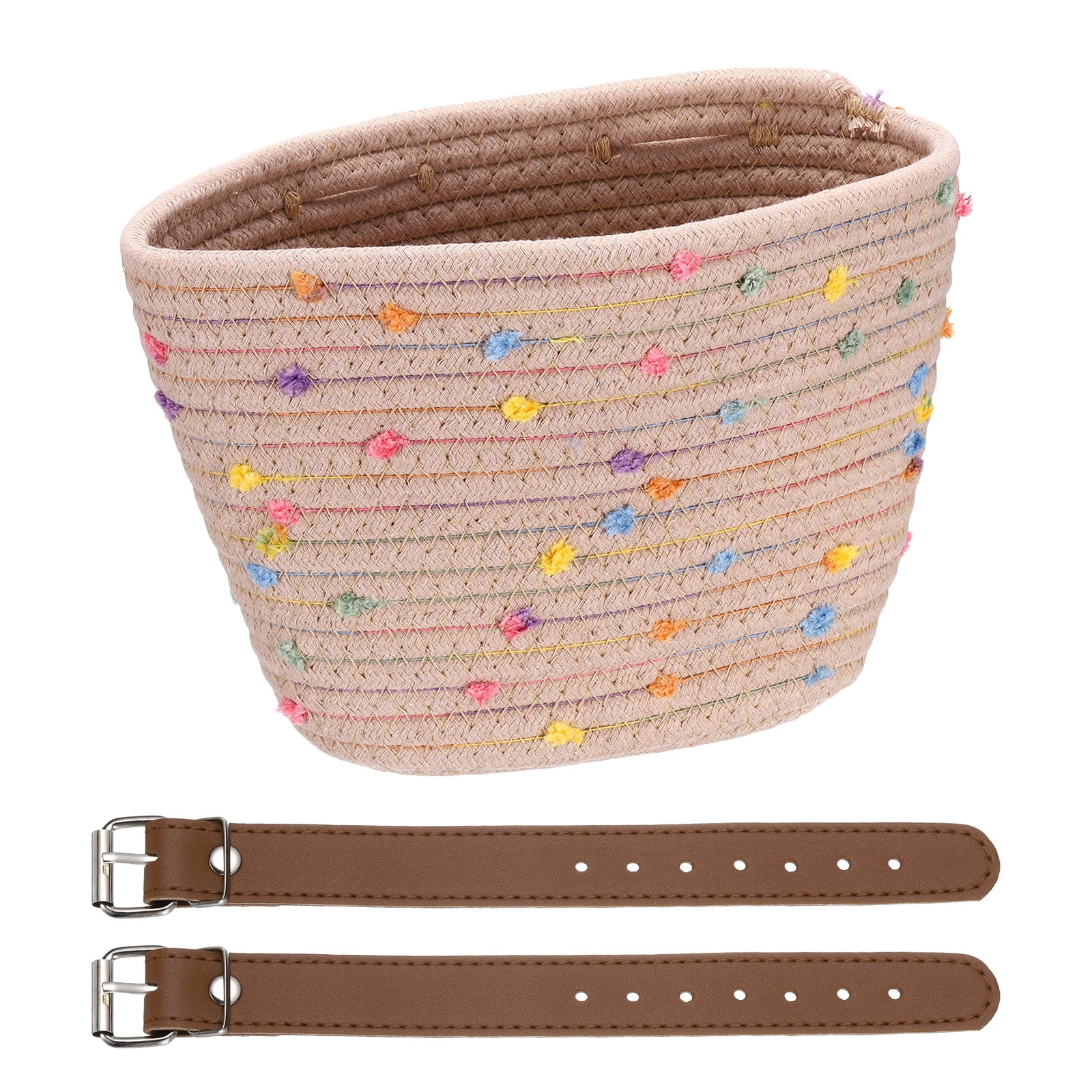 Uxcell Bike Basket, Cotton Rope Woven Colored Spots Bicycle Basket Adjustable Front Handlebar Baskets with 2 Leather Belt Buckles Light brown-Fitting For(Most Bikes/Tricycle/Scooters)
