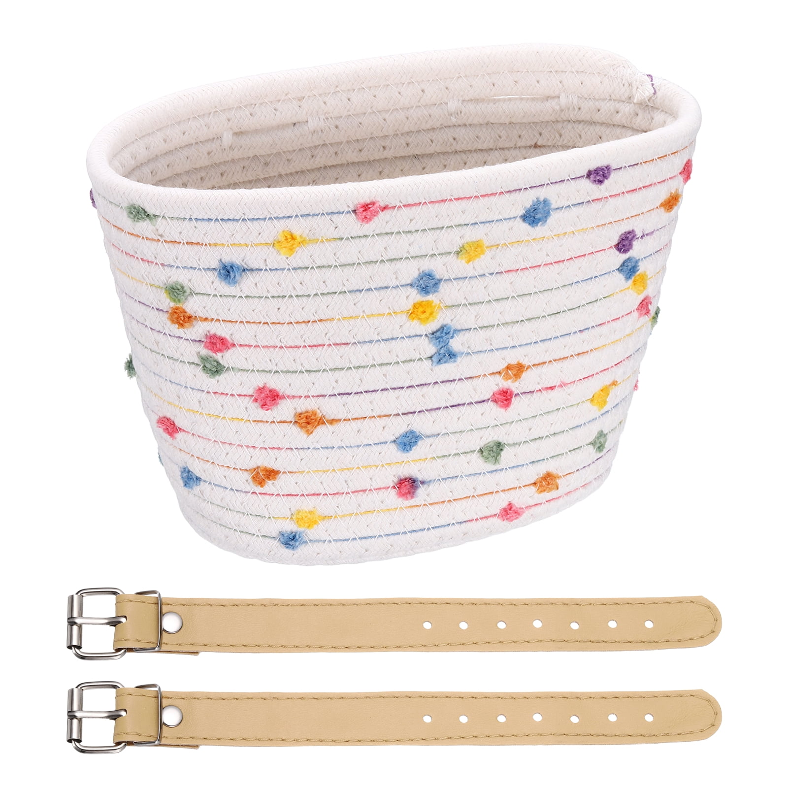 Uxcell Bike Basket, Cotton Rope Woven Colored Spots Bicycle Basket Adjustable Front Handlebar Baskets with 2 Leather Belt Buckles White-Fitting For(Most Bikes/Tricycle/Scooters)