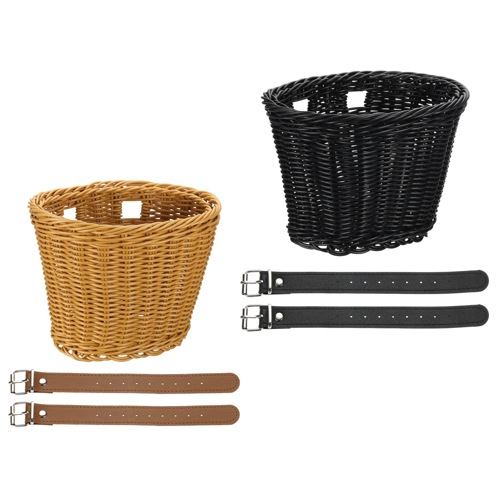 Uxcell Bike Basket Front, Hand-Woven Bicycle Basket with Adjustable PU Belts 2 Pack & Brown, Black-Fitting For(Most Road Bikes, Bicycles/Scooters)