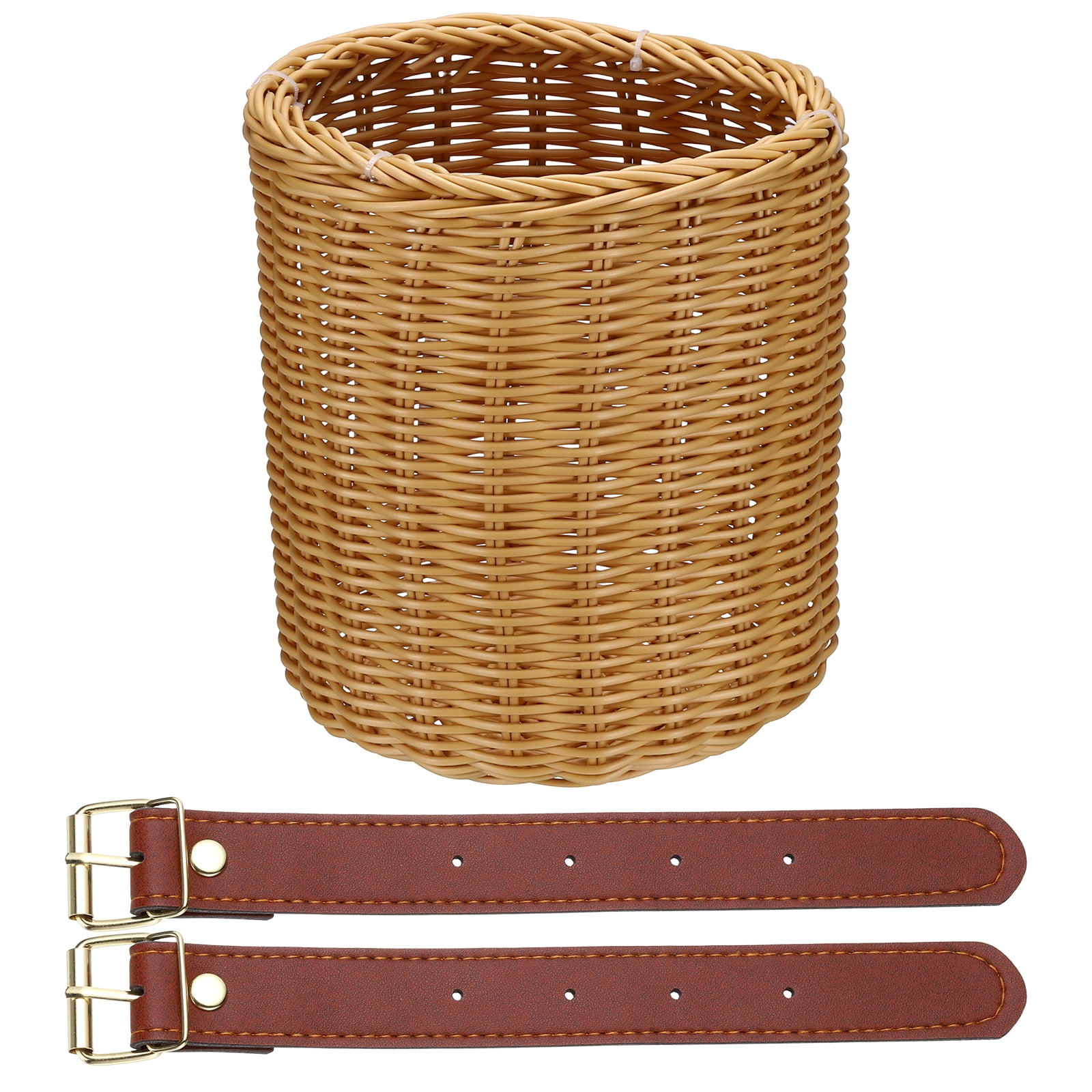 Uxcell Bike Basket, Imitation Rattan Bicycle Basket Adjustable Front Baskets with 2 Leather Belt Buckles Strong Load 7.3 x 7.3 x 8.2" & Apricot-Fitting For(Most Bikes/Tricycle/Scooters)