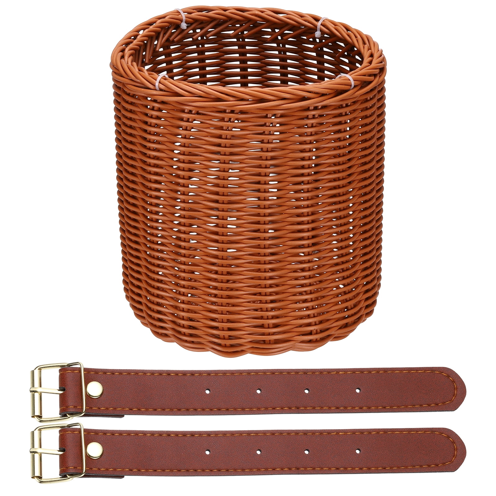 Uxcell Bike Basket, Imitation Rattan Bicycle Basket Adjustable Front Baskets with 2 Leather Belt Buckles Strong Load 7.3 x 7.3 x 8.2" & Brown-Fitting For(Most Bikes/Tricycle/Scooters)