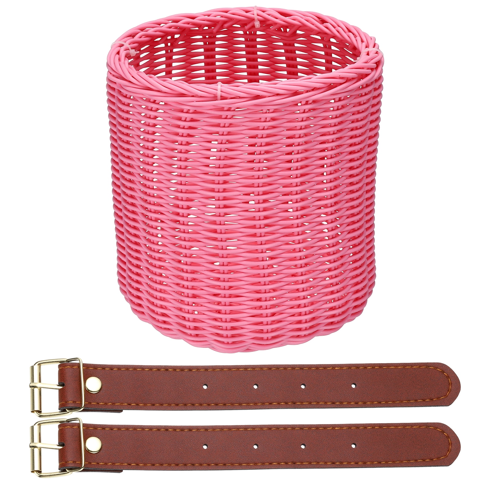 Uxcell Bike Basket, Imitation Rattan Bicycle Basket Adjustable Front Baskets with 2 Leather Belt Buckles Strong Load 7.3 x 7.3 x 8.2" & Pink-Fitting For(Most Bikes/Tricycle/Scooters)