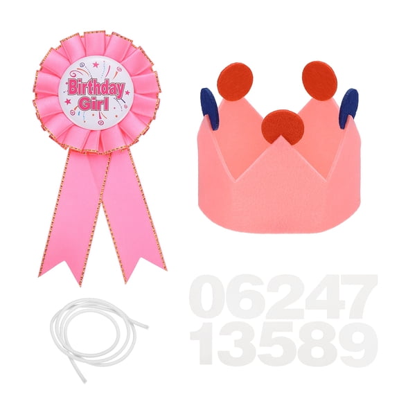 Uxcell Birthday Crown Party Set for Girl, Ribbon Brooch Pin & Felt Crown Hat with 0-9 Numbers for Theme Party Dress-Up Decoration Photo Props Birthdays Celebration, Pink