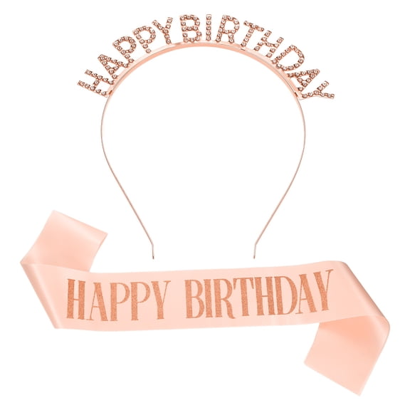 Uxcell Birthday Crown and Sash, Glitter Birthday Sash for Women Rhinestone Tiara for Party Favor Decorations Gifts, Pink-Rose Gold