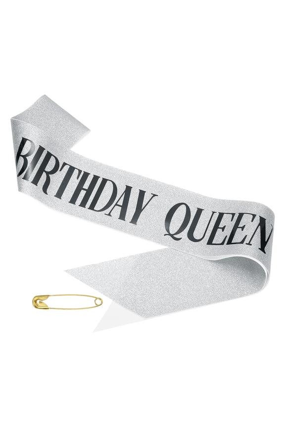 Birthday Girls Sash, Glitter Birthday Sash for Women Satin Queen Sash Party Decorations with Safety Pin Silver