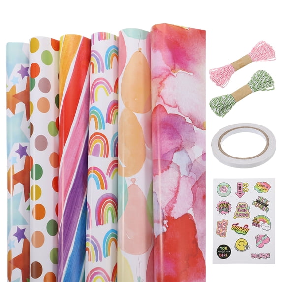 Uxcell Birthday Wrapping Paper Sheet,Rainbow,Balloon,Star,Dots,Stripe,Rendering 20x28" with Rope, Tape, Sticker 6Pcs