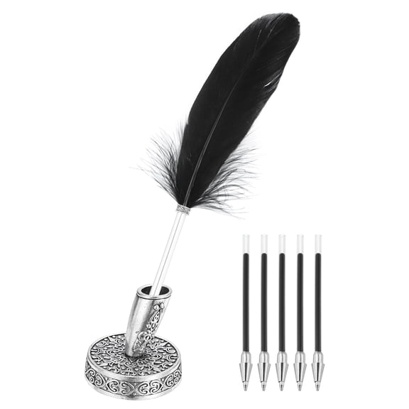 Uxcell Black Feather Ballpoint Pens Bulk, Metal Holder Black Ink Vintage Quill Pens with 5pcs Refill for Office, Home