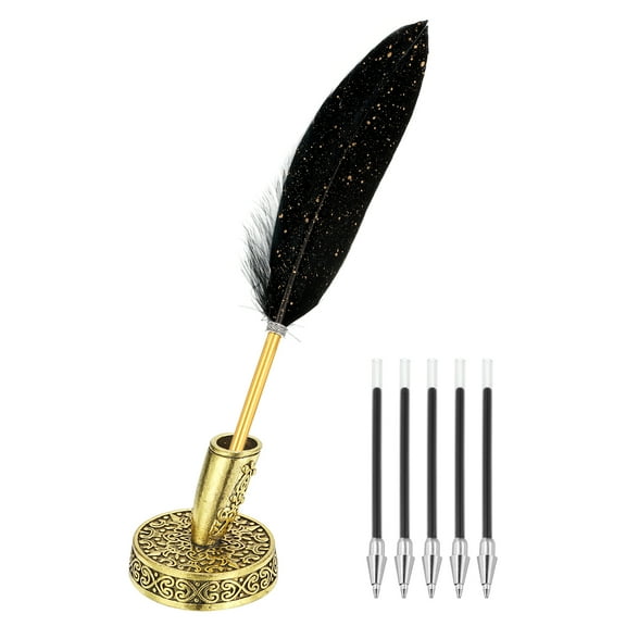 Uxcell Black Feather Ballpoint Pens, Metal Holder Black Ink Quill Writing Pens with 5 Pieces Refill for Office, Wedding