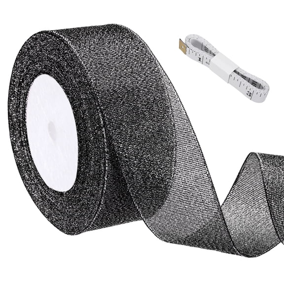 Uxcell Black Glitter Ribbon (25 Yards, 1-4/7" Wide) with Silver Thread Sparkly Metallic Fabric Ribbons - Sparkly Practical, for Gift Wrapping Balloons Crafts DIY Decor Holiday