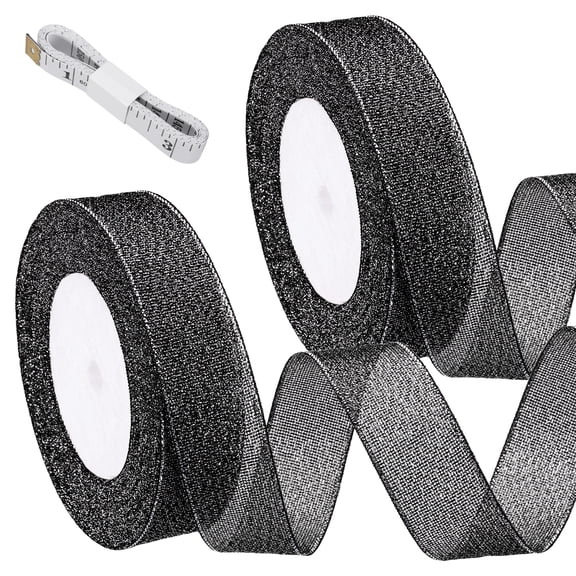 Uxcell Black Glitter Ribbon (25 Yards, 1" Wide) with Silver Thread Sparkly Metallic Fabric Ribbons - Sparkly Practical, for Gift Wrapping Balloons Crafts DIY Decor Holiday
