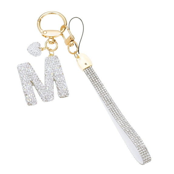 Uxcell Bling Letter Keychain, Sparkly Initial Keychains Diamond Letters Key Wristlet for Bag Decorations Silver Letter M