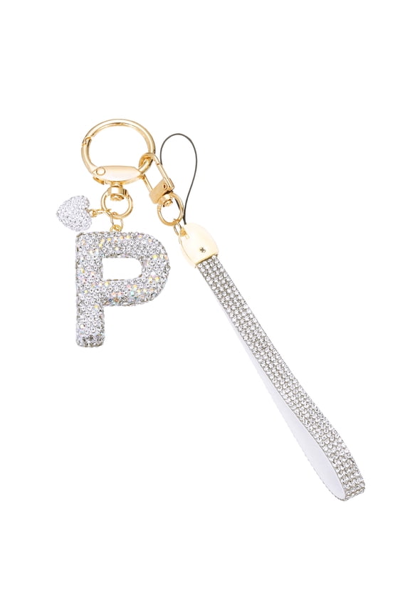 Bling Letter Keychain, Sparkly Initial Keychains Diamond Letters Key Wristlet for Bag Decorations Silver Letter P