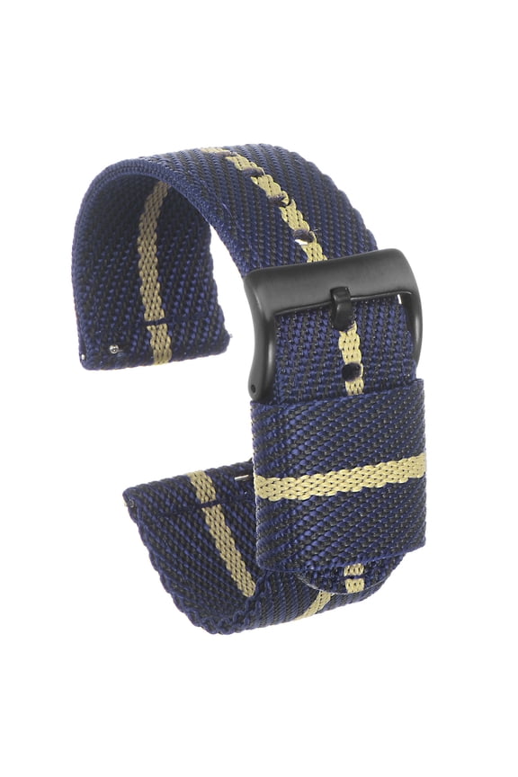 Blue Khaki Nylon Striped Watchband 24mm Width Soft Nylon Strap with Silver Buckle, Canvas Watch Band