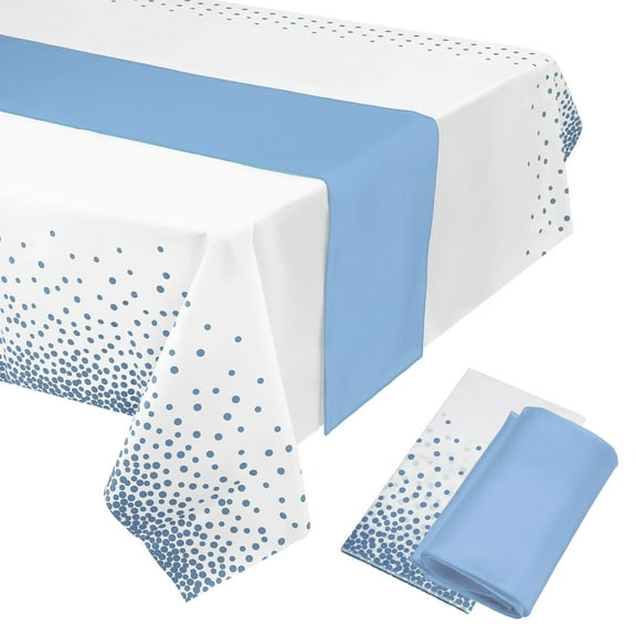 Uxcell Blue Table Runner w White Disposable Plastic Tablecloths 54 x 108" Blue Dots for Wedding Parties 1 Set