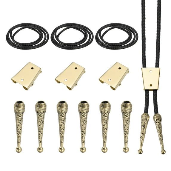 Uxcell Bolo Tie Findings Kit, Bolo Tie Accessories Includes 3 Slide Clasps, 6 Cord End Caps, 1Yards Black Leather Braided Cord for DIY Western Necklace Jewelry Making, Golden