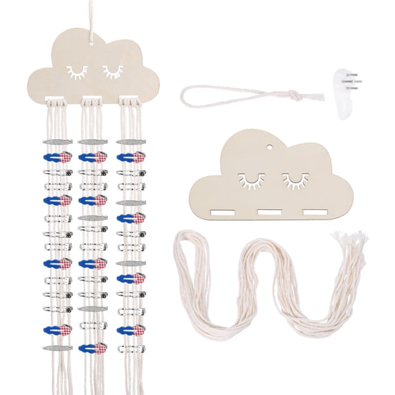 Uxcell Bow Holder for Girls' Hair Bows, Girls Clips Organizer Braided Cotton Rope Hairpin Storage Organizer with Concrete Wall Hooks Fun Room Wall Decoration for Hair Clips Ties, Beige