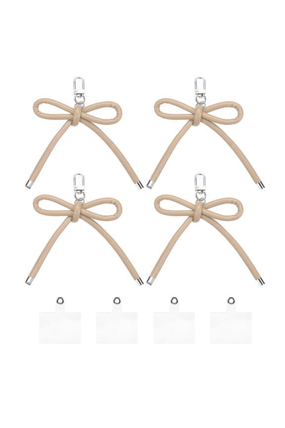 4 Pcs Bow Keychains PU Leather Key Chain Hanging Accessories Pendant Keychain Clip for Women Car Key Phone Charm Purse Bag Backpack Hanging Decorations, Khaki