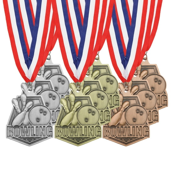 Uxcell Bowling Games Embossing Gold Silver Bronze Award Medals with Red & White & Blue Ribbons, 9 Pcs Winner Medals Prizes for Competitions Sports Party, Gold/Silver/Red