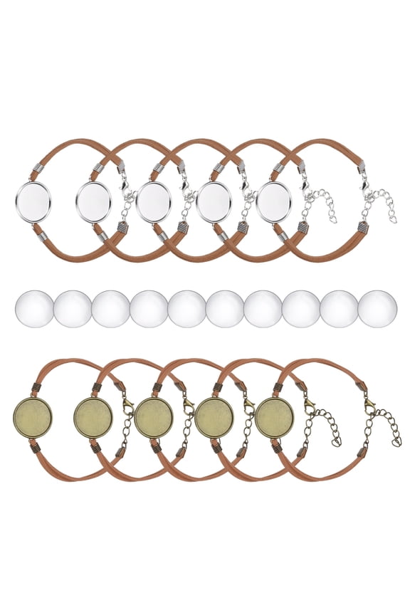 Bracelet Blanks for Jewelry Making 10pcs 20mm Brown/Silver, Brown/Bronze Color Adjustable Alloy Round Bezel Tray Base Settings with 20mm Clear Glass Multi