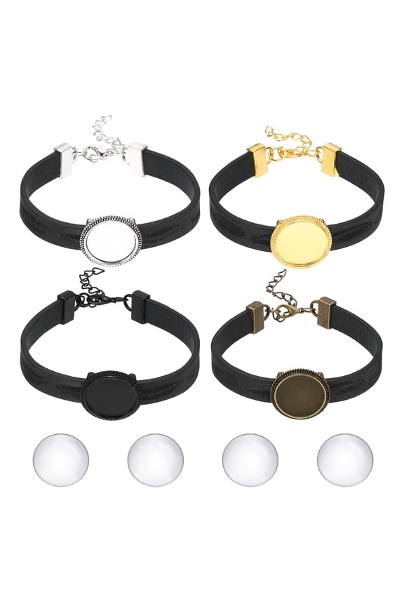 Bracelet Blanks for Jewelry Making 4pcs 18mm Black Color Adjustable Alloy Round Bezel Tray Base Settings with 18mm Clear Glass Multi