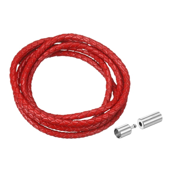 Uxcell Braided Genuine Leather Cord, 4mm 1.1 Yard Round Braiding String with Buttons, Leather Bolo Tie Cord for Crafting, Jewelry Making, Bracelets, Home Decoration, Scarlet