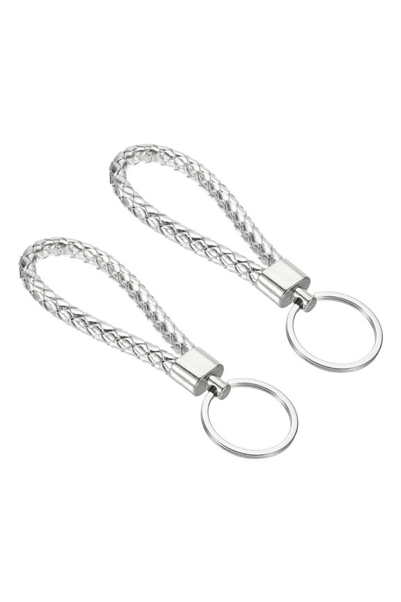 Braided Leather Keychain, 2 Pack PU Key Ring Lanyard Strap, Silver