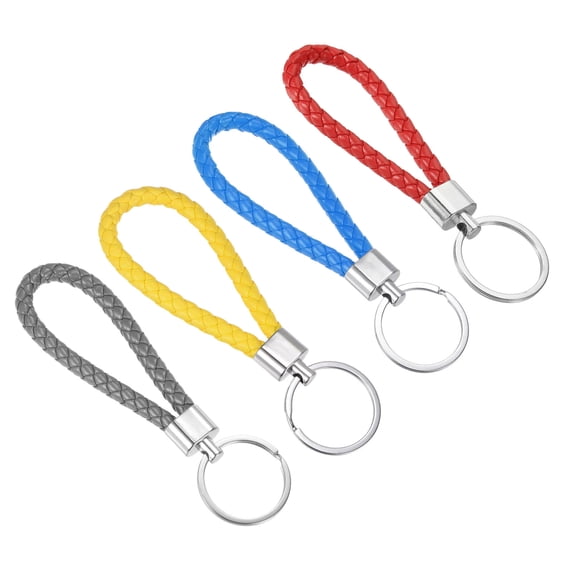 Uxcell Braided Leather Keychain, 4 Pack PU Key Ring (Red, Blue, Yellow, Gray)