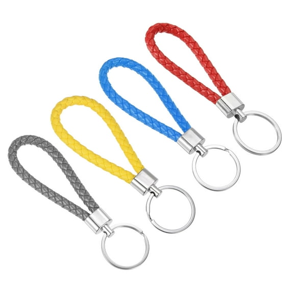 Uxcell Braided Leather Keychain, 4 Pack PU Key Ring (Red, Blue, Yellow, Gray)