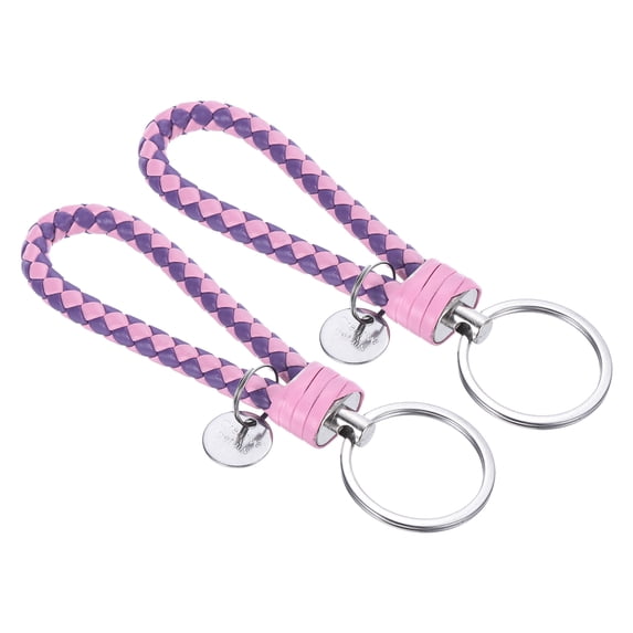 Uxcell Braided Leather Keychain with Stainless Steel Key Ring Sleeve, PU Woven Wristlet Lanyard, Purple Pink 2 Pack