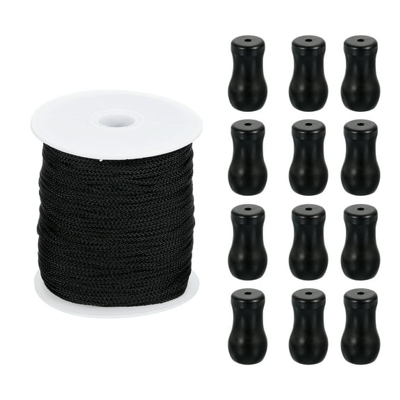 Uxcell Braided Lift Shade Cord, 1.8 mm 110 Yards/Roll Nylon Cord String with 20Pack Wood Blind Pull Cord Knobs for Roman Blind Shade Rollers Repair Curtain Craft DIY (Black)