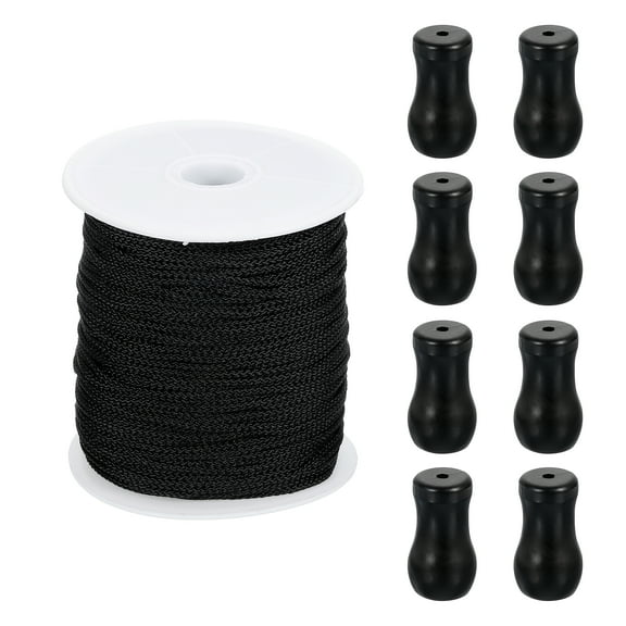 Uxcell Braided Lift Shade Cord, 1.8 mm 110 Yards/Roll Nylon Cord String with 8Pack Wood Blind Pull Cord Knobs for Roman Blind Shade Rollers Repair Curtain Craft DIY (Black)