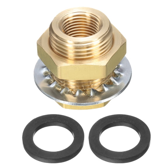 Uxcell Brass Bulkhead Fitting NPT 3/8" Female Double Threaded Water Tank Connector with Seal Washers for Rain Bucket Sinks Aquariums